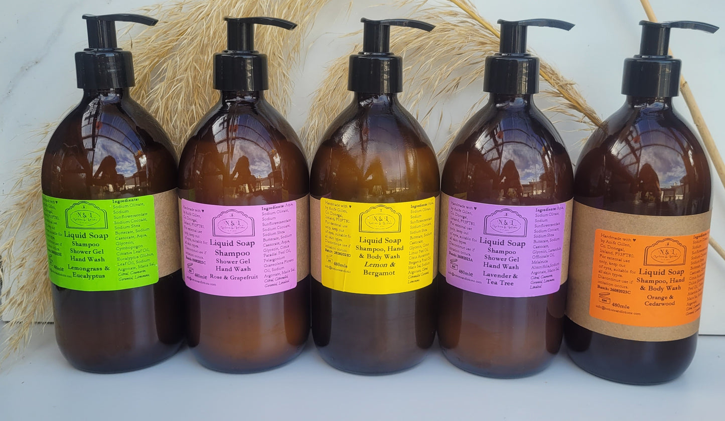 Aromatherapy Liquid Shampoo, Bodywash, Shower Gel & Handwash